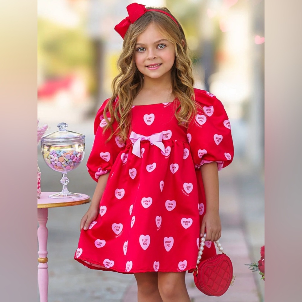 Red Heart Print Dress with Bow